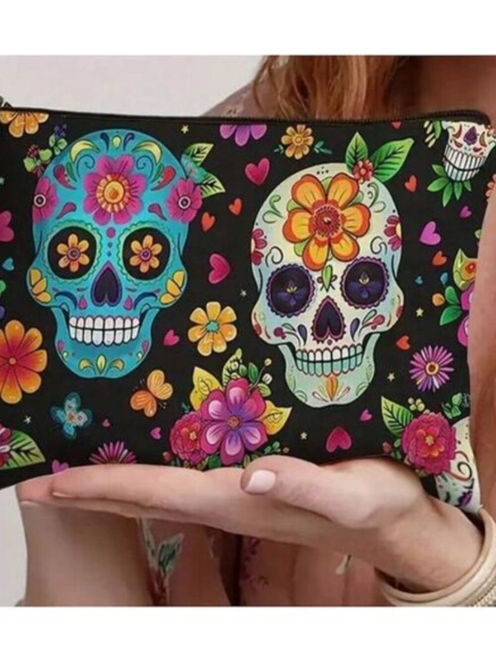Gothic Floral Skull Makeup Bag Colorful Day of the Dead Design